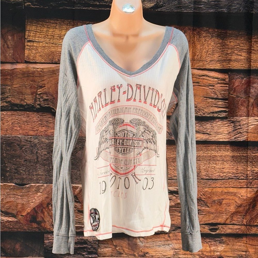 Harley-Davidson Cream & Gray Long-Sleeve Raglan Graphic Tee